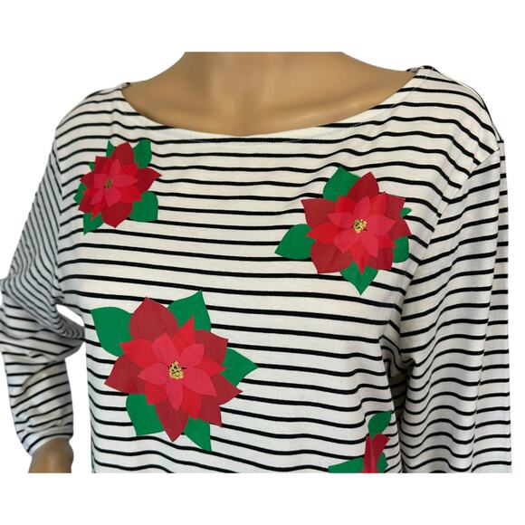 2/$15 Ruby Rd. Striped Poinsettia Top Boat Neck Holiday Christmas Size M - Picture 7 of 9